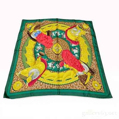 Hermes Silk Carre 90 Scarf in the Casques et Plumets Pattern by Julie Abadie. Hermes silk twill 