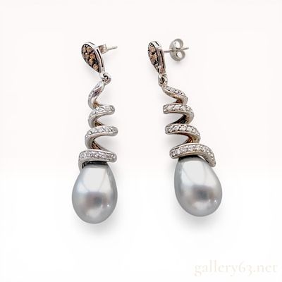 A Pair of Sterling Silver Grey Pearl and Pave Gemstone Spiral Drop Earrings. A matched pair of 