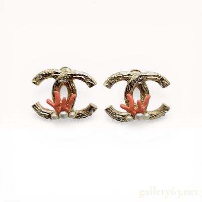 A Pair of Chanel CC Coral Motif Stud Earrings, Spring 2012. Chanel interlocking "CC" logo stud 