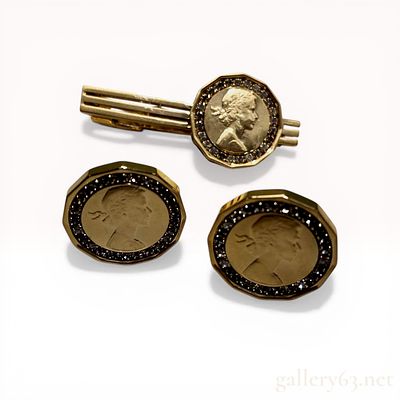 A Trio of Gold-Plated Men's Accessories Featuring British Threepence Coin Motifs. Three-piece 
