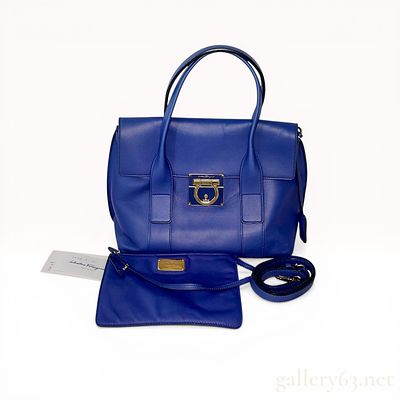 Salvatore Ferragamo Cobalt Blue Calfskin Leather Gancini Flap Top Handle Bag. Salvatore 