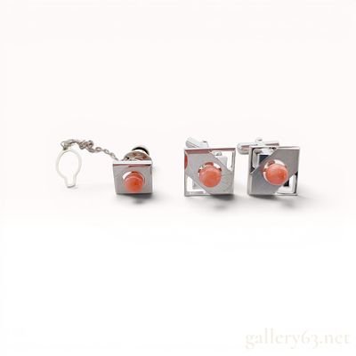 Mid-Century Modernist Silver and Salmon Antique Coral Cufflink and Tie Tack Set. Mid-Century 