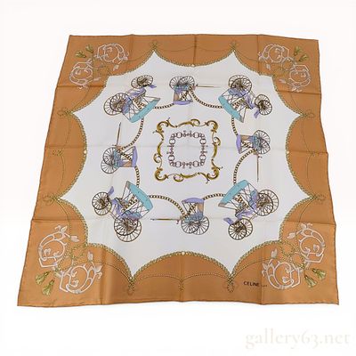 Celine Paris Silk Square Scarf with Horse-Drawn Carriage Motif. Vintage Celine Paris square silk 