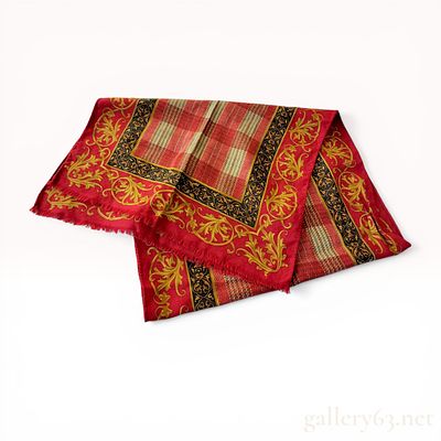 Etro Red Wool and Silk Scarf with Plaid and Acanthus Leaf Pattern. Italian rectangular scarf by 