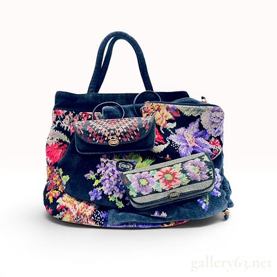 A Collection of Feiler Floral Chenille Bags and Accessories. Feiler cotton chenille four-piece 