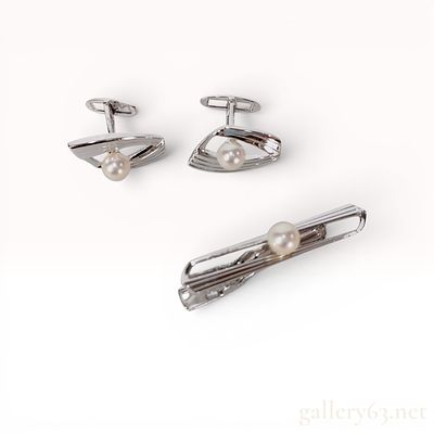Three-Piece Mikimoto Silver and Cultured Pearl Jewelry Set. Mikimoto modernist jewelry set 
