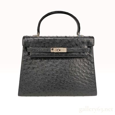 Vintage Black Ostrich Leather Kelly-Style Handbag. Handbag in the style of the Hermes Kelly 