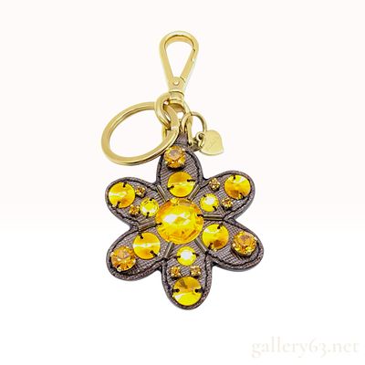 Prada Brown Saffiano Leather and Amber Crystal Flower Bag Charm. Prada flower-shaped bag charm 
