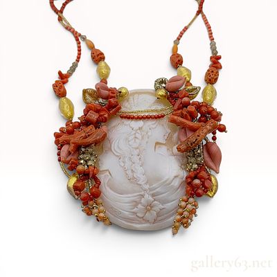 Paola Multi-Strand Red Coral and Large Shell Cameo Statement Necklace. Designer statement 