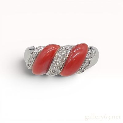 Platinum Antique Red Coral and Diamond Bypass Cocktail Ring. Platinum cocktail ring designed 