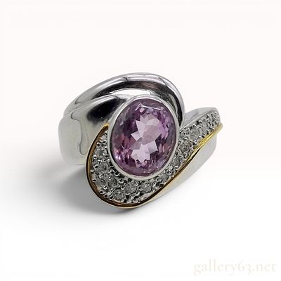 18K Yellow Gold/Platinum Kunzite and Diamond Asymmetric Cocktail Ring. An asymmetric 