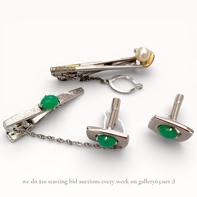 Sterling Silver Tie Pin and Cufflink Set with Green Jade Cabochons. Accessory set comprising a 