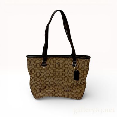 Coach Outline Signature Zip Top Tote, Canvas and Leather, Khaki and Mahogany. This Coach Outline 