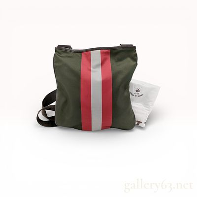 BALLY Canvas Crossbody Bag with Signature Stripe. Bag having dark green canvas body featuring 