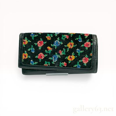 Feiler Black Leather Continental Flap Wallet with Floral Chenille Panel. Feiler continental flap 