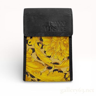 Gianni Versace Vintage Baroque and Leopard Print Leather Accessory Case, Black and Yellow. An 
