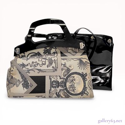 Salvatore Ferragamo Scarf-Print Framed Top Handle Bag with Pouch. Salvatore Ferragamo vintage 