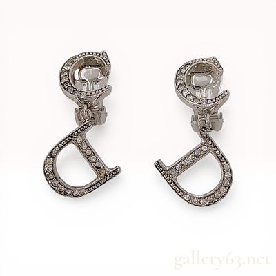 Christian Dior Vintage Silver-Tone CD Logo Rhinestone Clip-On Drop Earrings. Christian Dior 