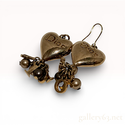 Gold-Tone Drop Earrings, Christian Dior Logo Heart and Charms. This matched pair of 