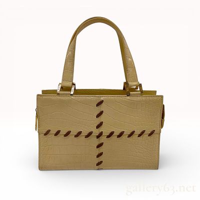 Yves Saint Laurent Vintage Croc-Embossed Leather Ribbon-Stitch Satchel, Cream. This vintage Yves 