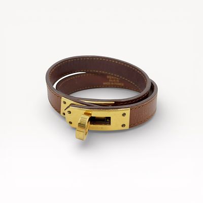 Hermes Kelly Double Tour Leather Bracelet with Gold-Tone Hardware in Brown. Authentic Herm&egrave;s 