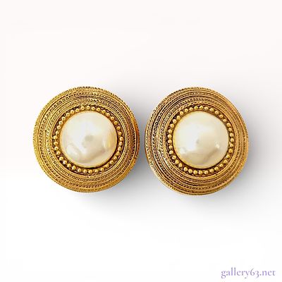 Gold-Tone Clip-On Earrings with Faux Mabe Pearl Centers, Chanel c. 1980s. A matched pair of 