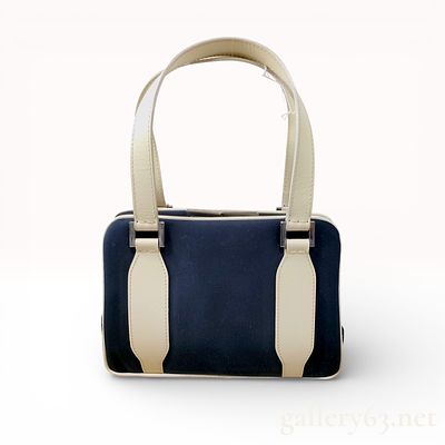Fendi Vintage Frame Top-Handle Bag, Navy Canvas and Cream Leather. This vintage Fendi handbag 
