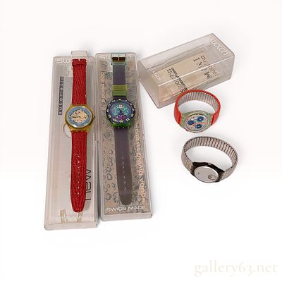 A Collection of Swatch Wristwatches including Automatic, Scuba 200, and Chronograph Models w/Box. 