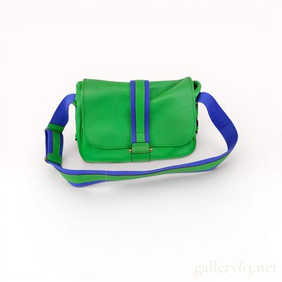 Hermes Bourlingue Messenger Bag in Green Clemence Leather with Blue Textile Accents. This Hermes 