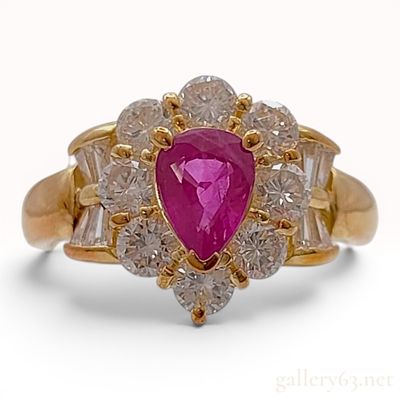 18K Yellow Gold Pear-Cut Ruby and Diamond Cluster Cocktail Ring. An 18K yellow gold cocktail 