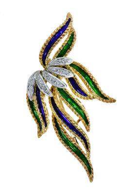 סיכת זהב 18K משקל כללי 19.15 גרם, משובצת יהלומים באיכות טובה ובציפוי אמייל , חתומה 18K - גובה 