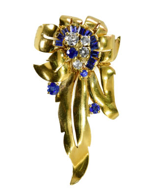 סיכת זהב צהוב 18K משובצת משקל כללי 13.25 גרם, וכ 0.65ct קרט יהלומים וספירים באיכות טובה, משקל 