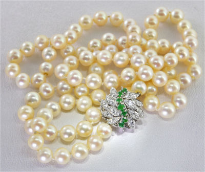 מחרוזת פנינים טבעיות עם סוגר זהב 18K ויהלומים, קוטר הפנינים 7-8mm, הסוגר עשוי זהב לבן 18K 