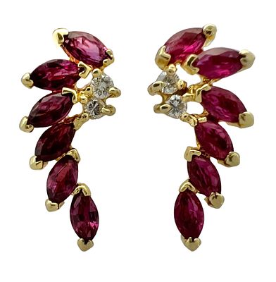 Elegant 18K Yellow Gold Rubies & Diamonds Earrings, set with 12 marquise-cut Rubies gems and 4 