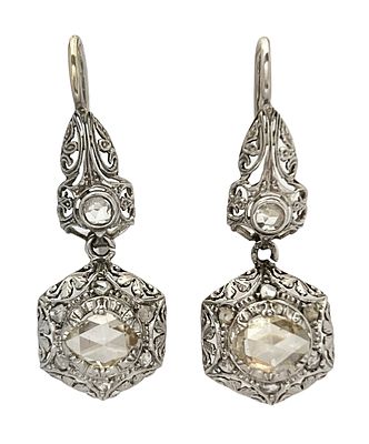 A pair of antique platinum earrings in goldsmith's Filigree style, set with 