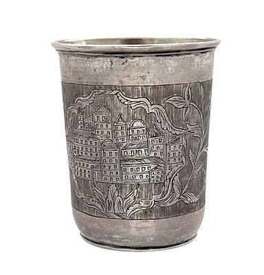 19th century Polish silver cup with beautiful engravings depicting an urban 
