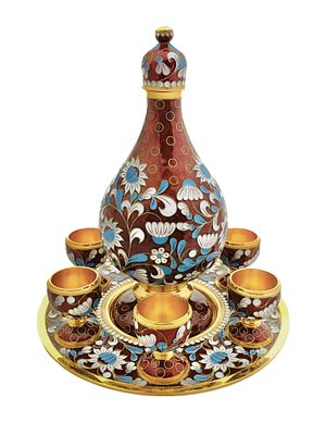 Russian silver &amp; enamel liqour set, blue and white floral motifs colors on brown backround 