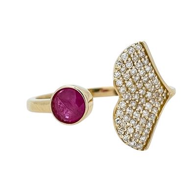 A 14K yellow gold ring with a special design, set with white diamonds and a ruby gemstone. The