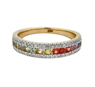 A gold ring with a colorful and special design, set with white diamonds and colored gemstones