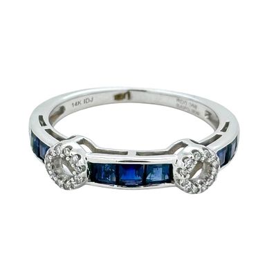 14K white gold ring set with white diamonds and sapphire gemstones, the diamonds are set
