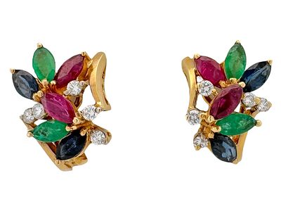 A beautiful 18K Gold Earrings set with Diamonds, Emeralds Rubies & Sapphires in a marquise