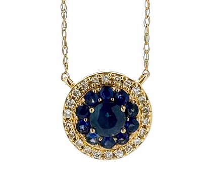 14K gold pendant and necklace set with white diamonds and central sapphire gemstones, totaling