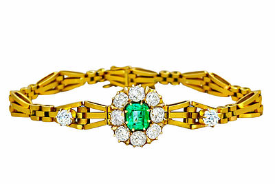 צמיד זהב 56 רוסי עתיק, משובץ כ 4.10ct קרט יהלומים בליטוש ישן ואבן חן אמרלד בעלת צבע יפה מאוד 