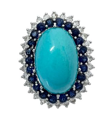 טבעת זהב 18K גדולה ומרשימה, משובצת יהלומים ואבני חן טורקיז פרסי וספירים, אבן החן טורקיז המרכזית 