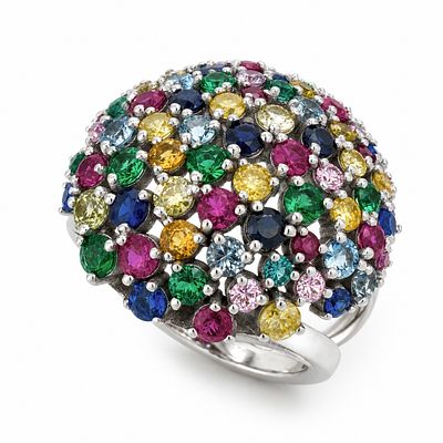 3.00Ct Multicolor Gemstone & Diamond 18K White Gold Ring . טבעת קוקטייל מרהיבה גדולה ויוצאת דופן 