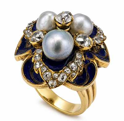 Diamond Blue Enamel Natural Pearls Gold Ring, 1930. טבעת אר דקו אירופאית נדירה עם פנינים טבעיות 