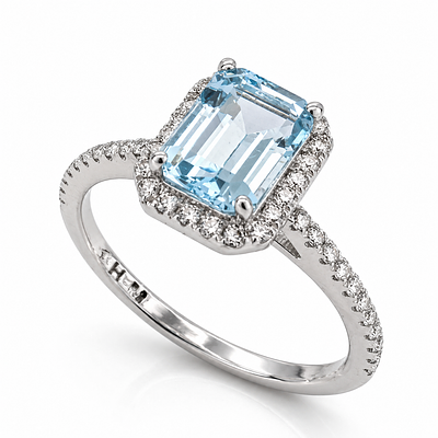 14K White Gold 1.22ct Aquamarine & Diamond Ring. טבעת אקווה מרין ויהלומים מזהב לבן 14 קרט 
טבעת 
