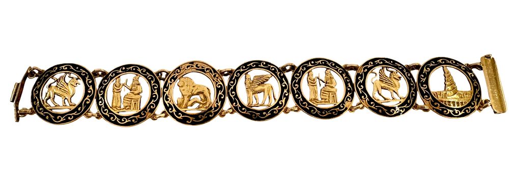 Archaeological Revival style 20K gold bracelet featuring figures from the ancient Mesopotamian 
