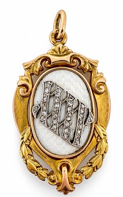 Antique Russian Guilloche Enamel Gold Pendant Diamonds Hallmark 56, 1916. תליון רוסי אימפריאלי 