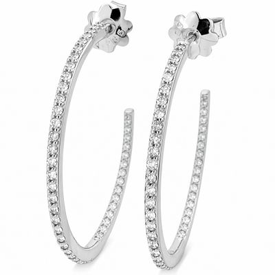Elegant 14K White Gold Natural Diamond Open Hoop Earrings. עגילי חישוק יוקרתיים מזהב לבן 14 קרט 